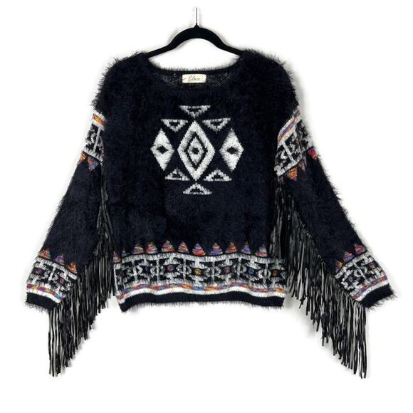ELAN Tribal Boho Festival Fringed Fuzzy Sweater Black Size Small Statement Piece - Picture 1 of 9